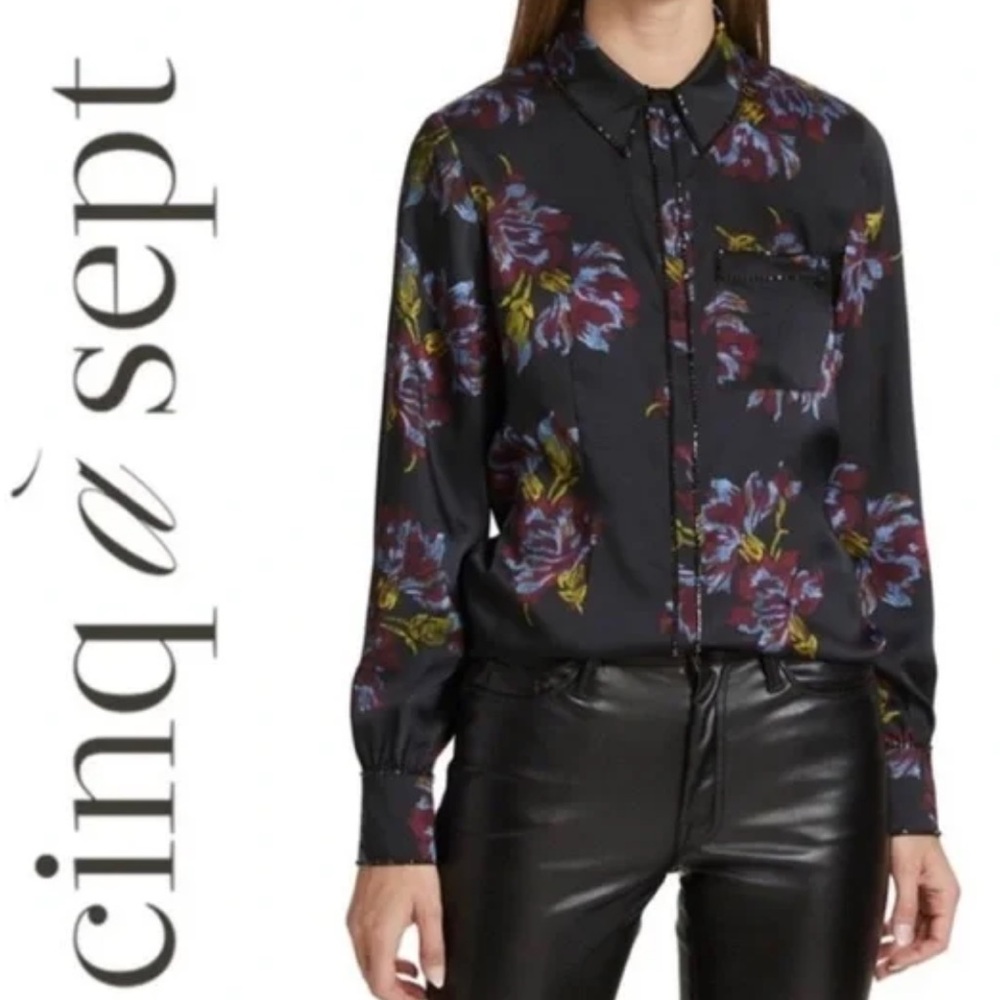 CINQ À SEPT Blanche Rhinestone Embellished Floral Print Blouse size M